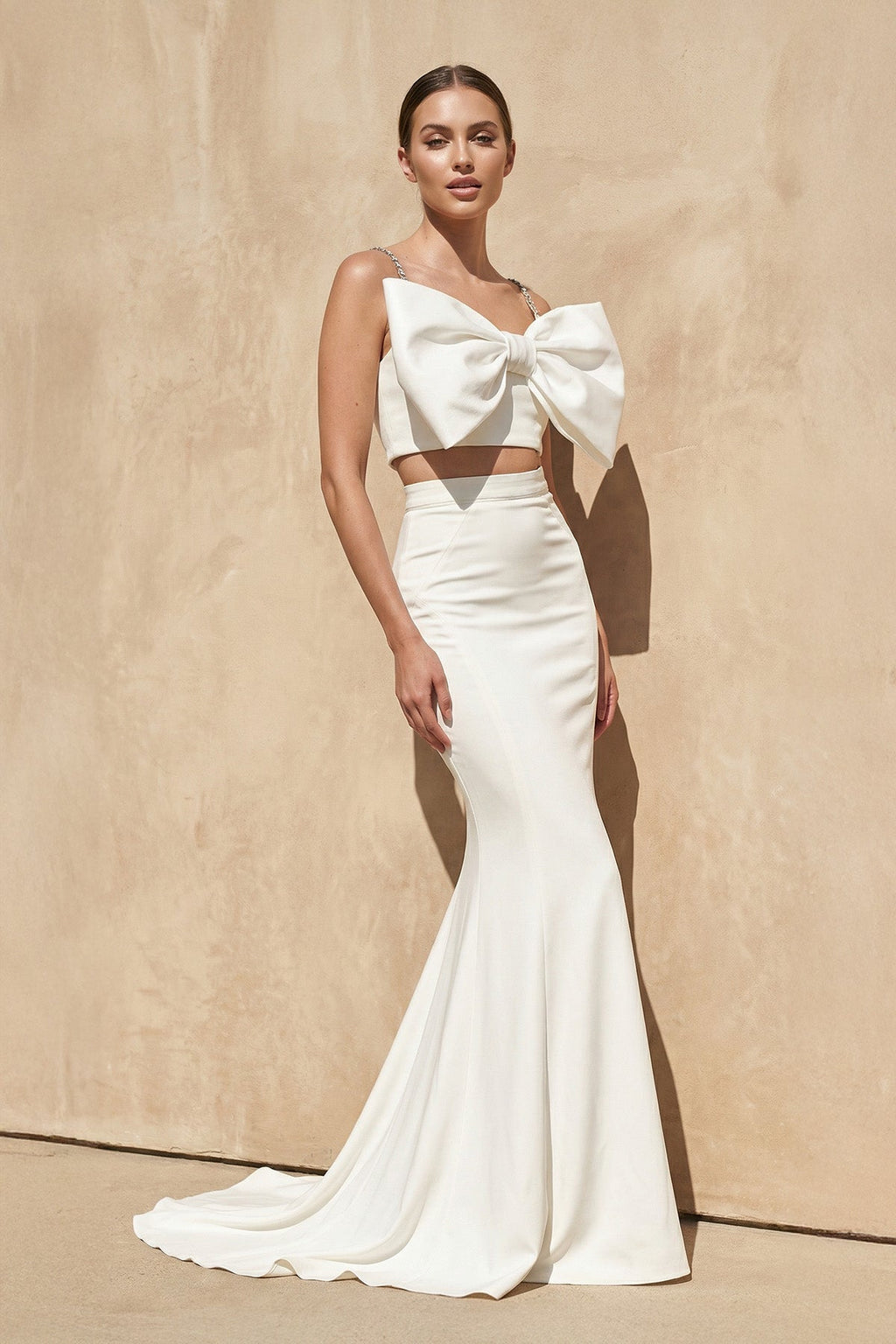Two - Piece Mermaid Gown With Bow in White - SHE IS ME PROM DRESSES