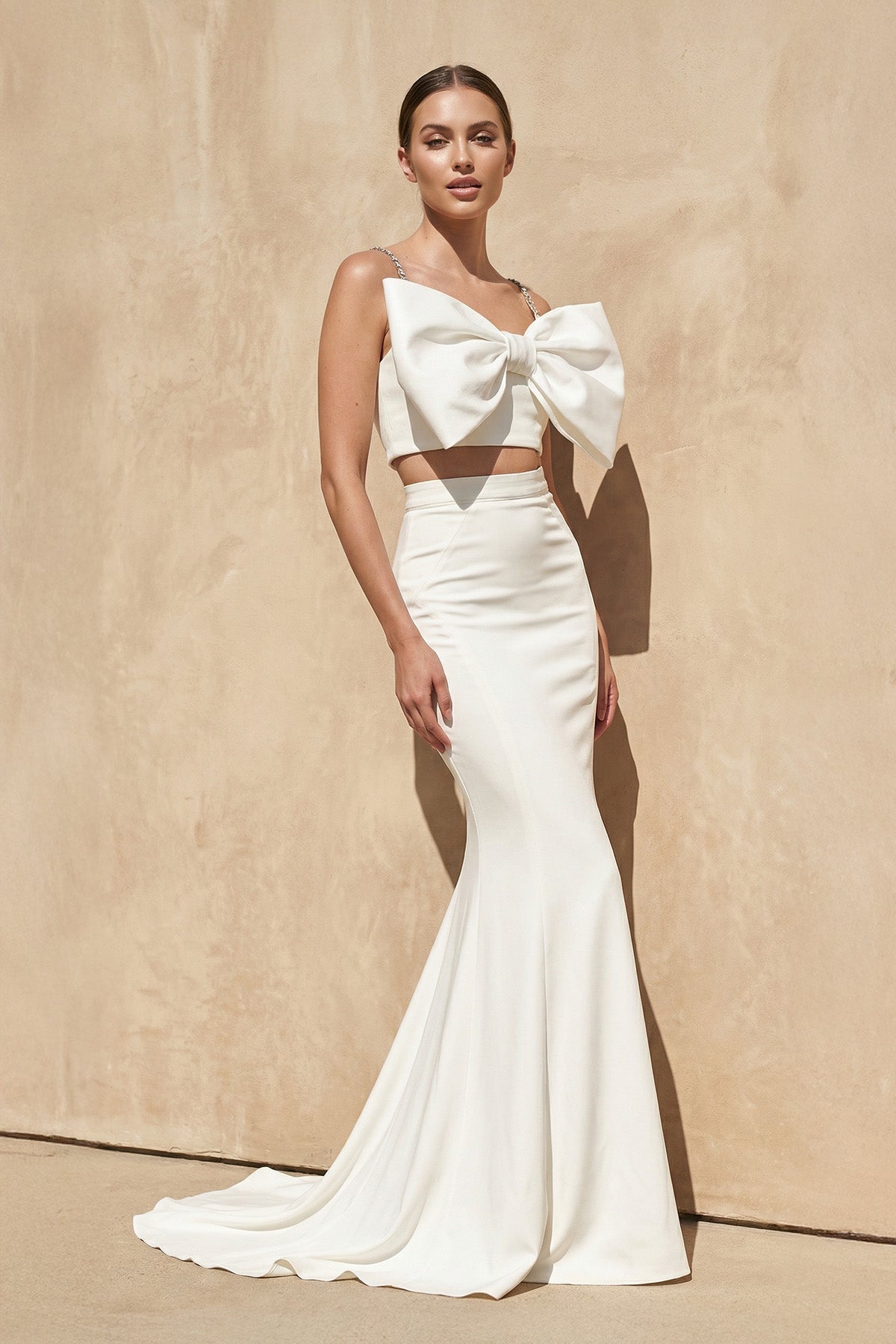 Two - Piece Mermaid Gown With Bow in White - SHE IS ME PROM DRESSES