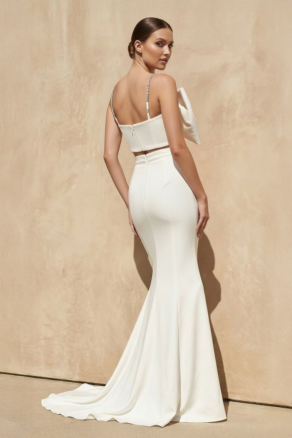 Two - Piece Mermaid Gown With Bow in White - SHE IS ME PROM DRESSES