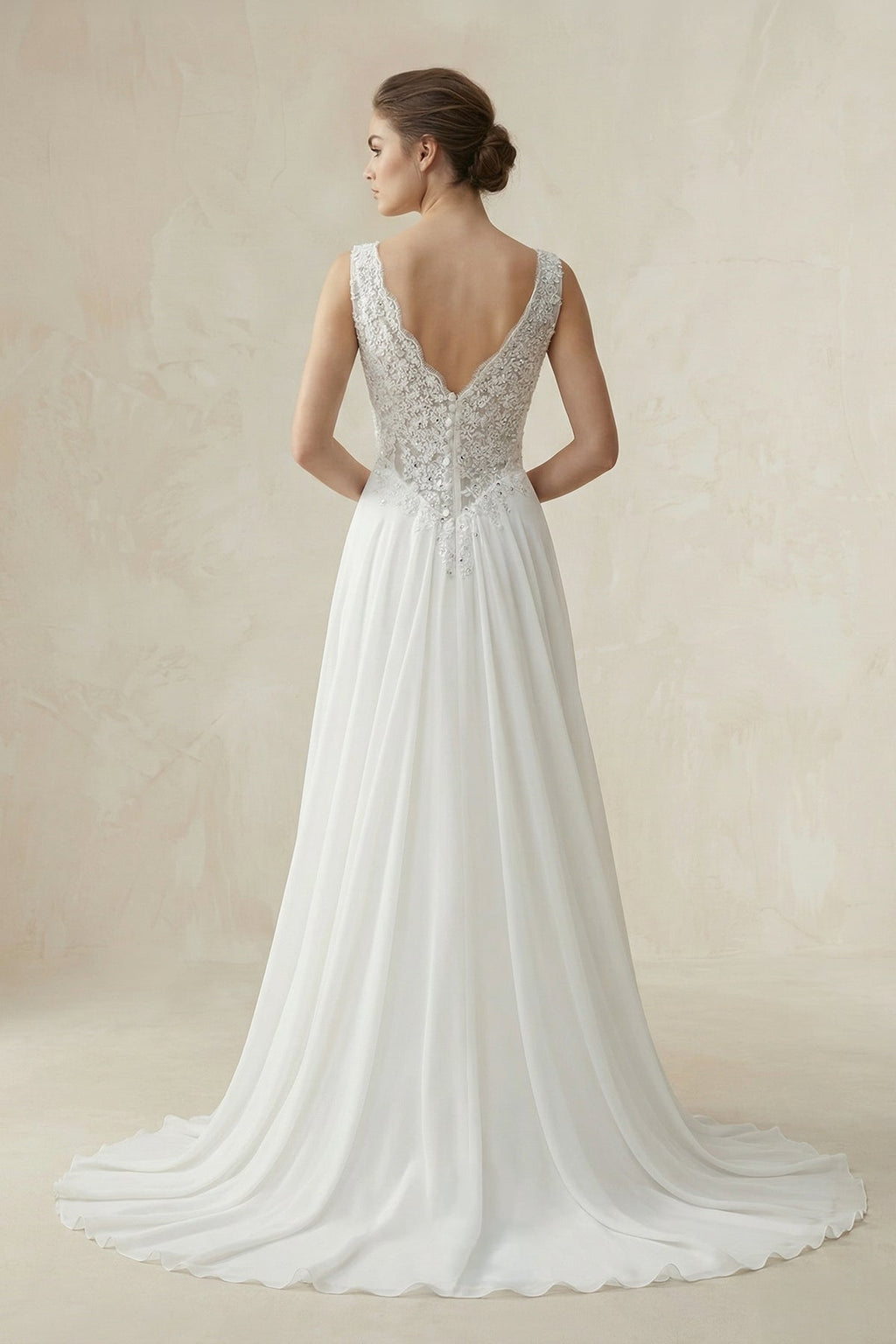 V - Neck A - Line Chiffon Beaded Wedding Dress in White - SHE IS ME Wedding Dresses