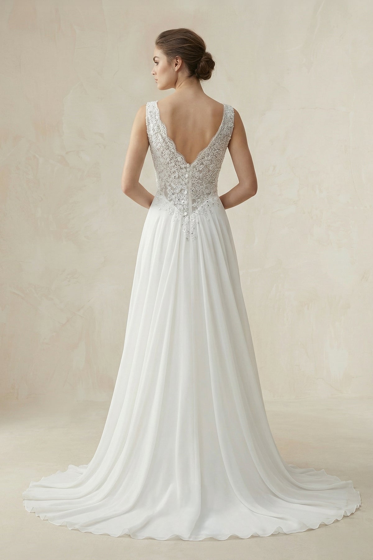 V - Neck A - Line Chiffon Beaded Wedding Dress in White - SHE IS ME Wedding Dresses