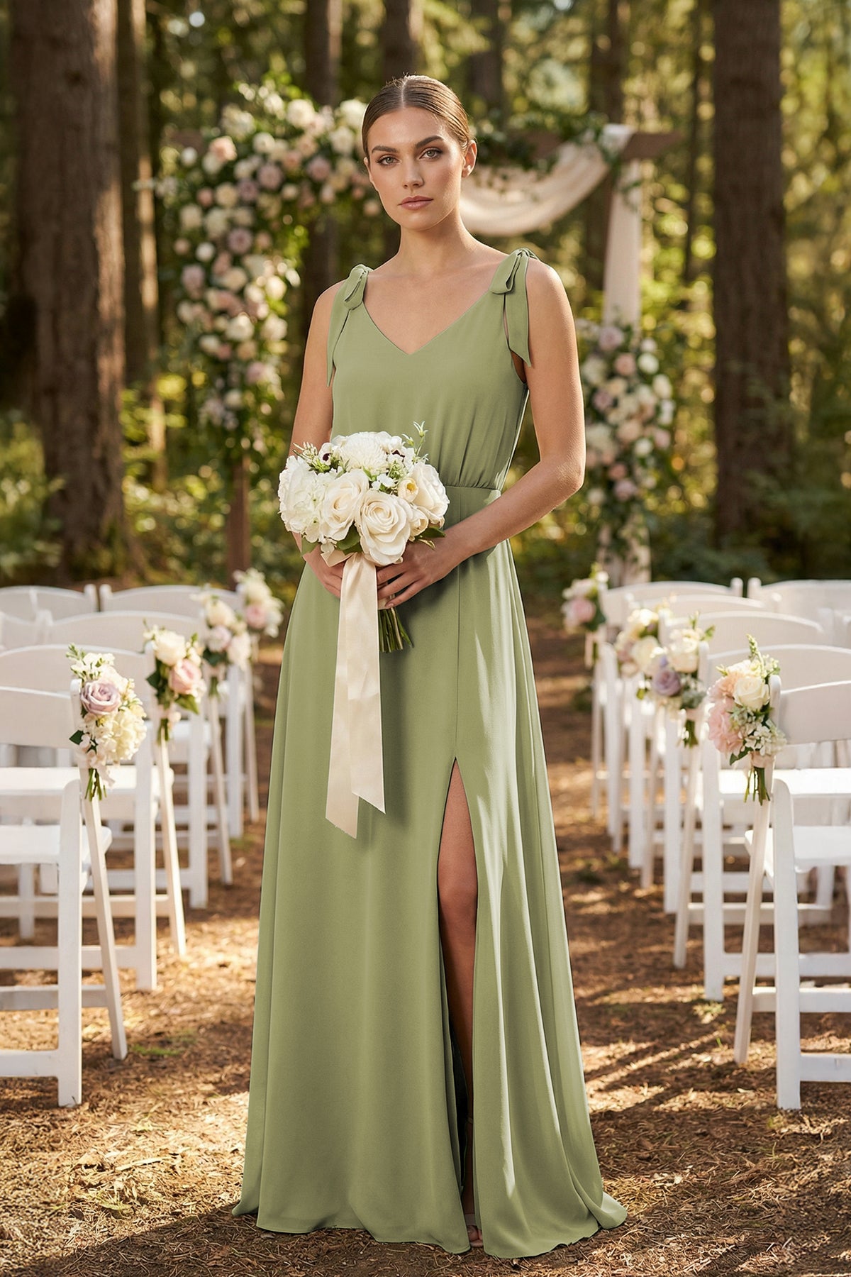 V-Neck A-Line Chiffon Bridesmaid Dress in Moss Green - SHE IS ME BRIDESMAID DRESSES