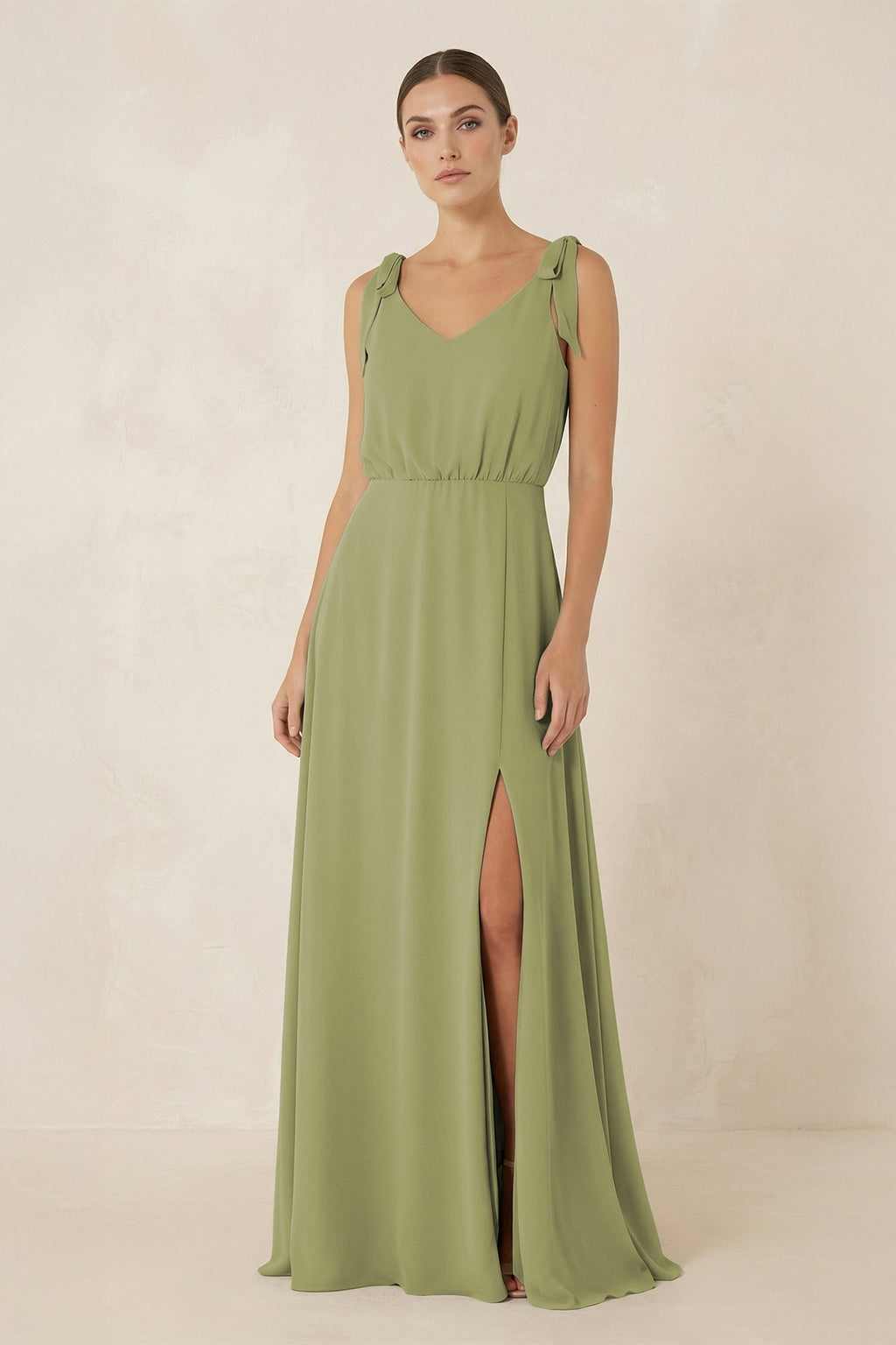 V-Neck A-Line Chiffon Bridesmaid Dress in Moss Green - SHE IS ME BRIDESMAID DRESSES
