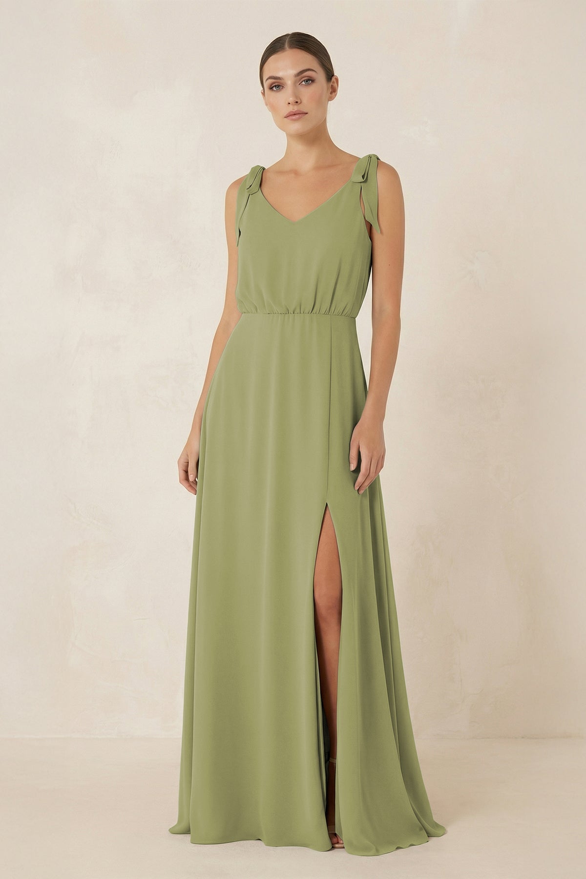 V-Neck A-Line Chiffon Bridesmaid Dress in Moss Green - SHE IS ME BRIDESMAID DRESSES