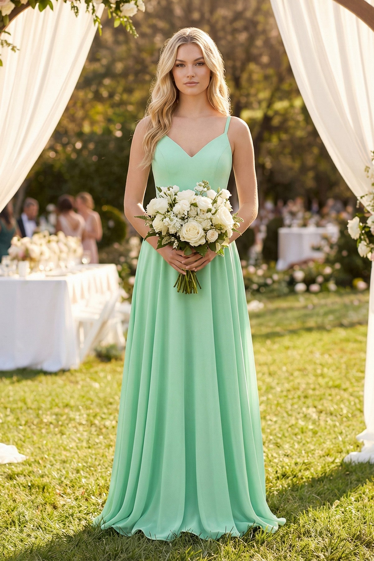 V-Neck A-Line Chiffon Bridesmaid Dress with Crisscross Back in Pale Pistachio - SHE IS ME BRIDESMAID DRESSES