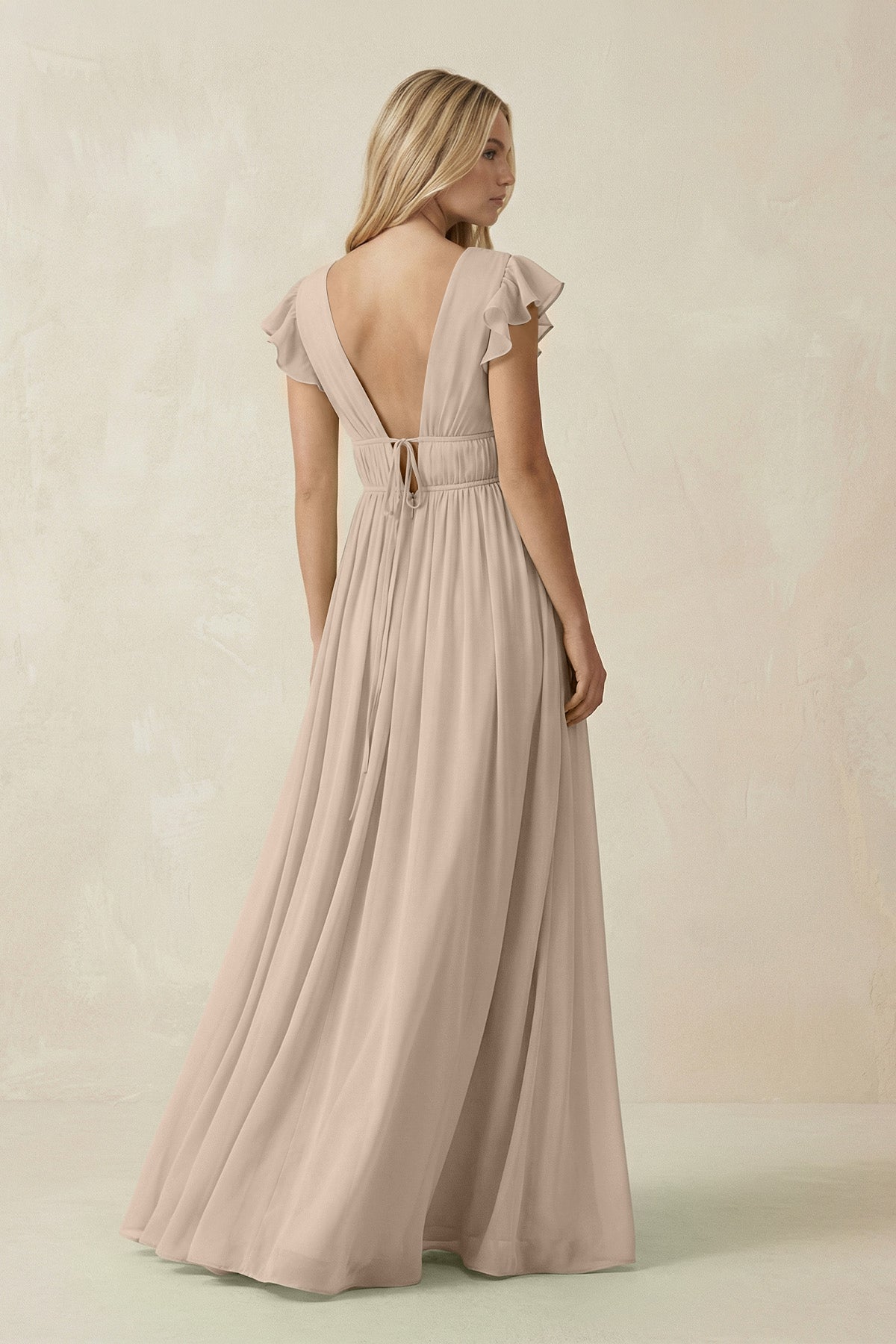 V - Neck A - Line Chiffon Cap Sleeves Bridesmaid Dress in Almond - SHE IS ME Bridesmaid Dresses