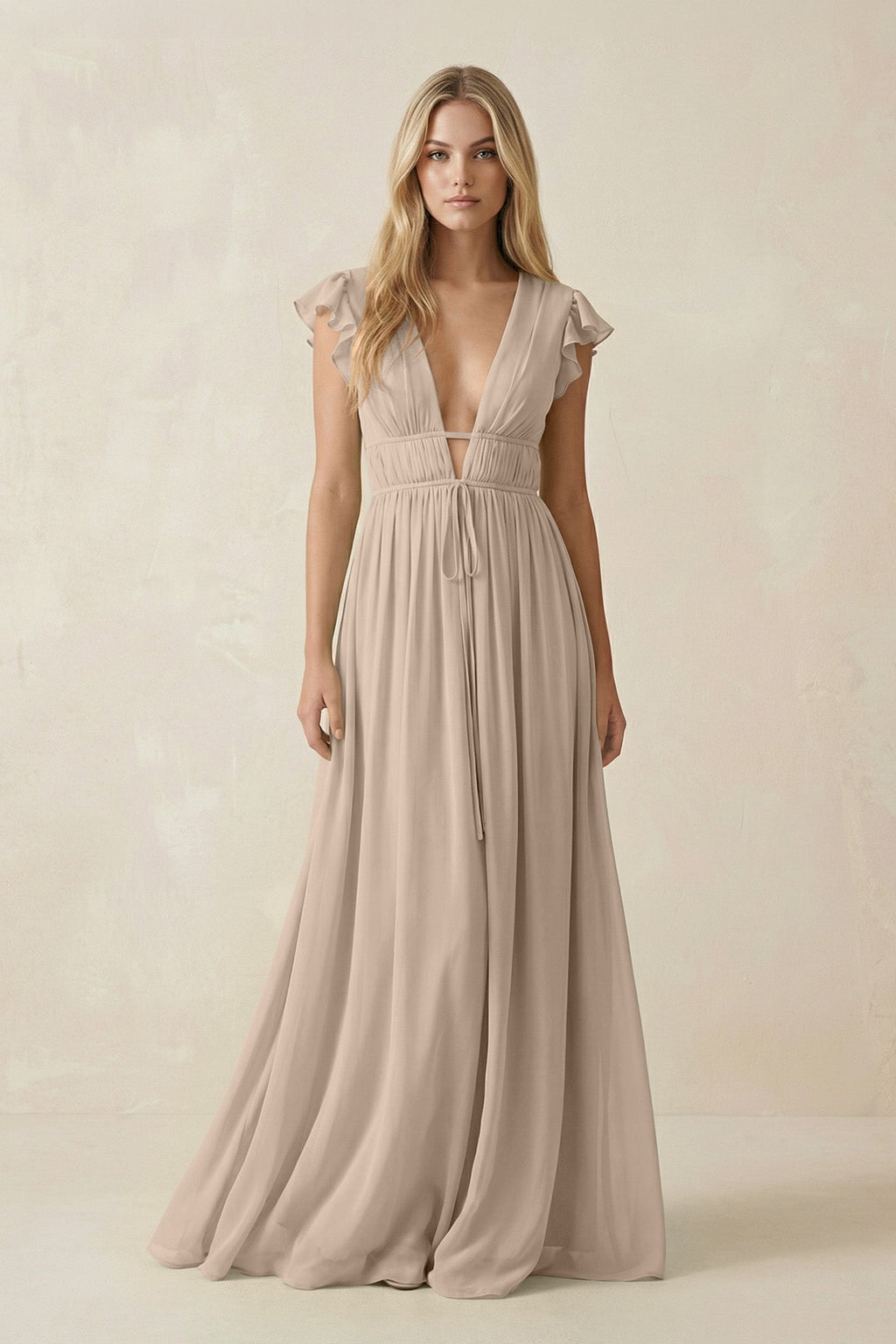 V - Neck A - Line Chiffon Cap Sleeves Bridesmaid Dress in Almond - SHE IS ME Bridesmaid Dresses