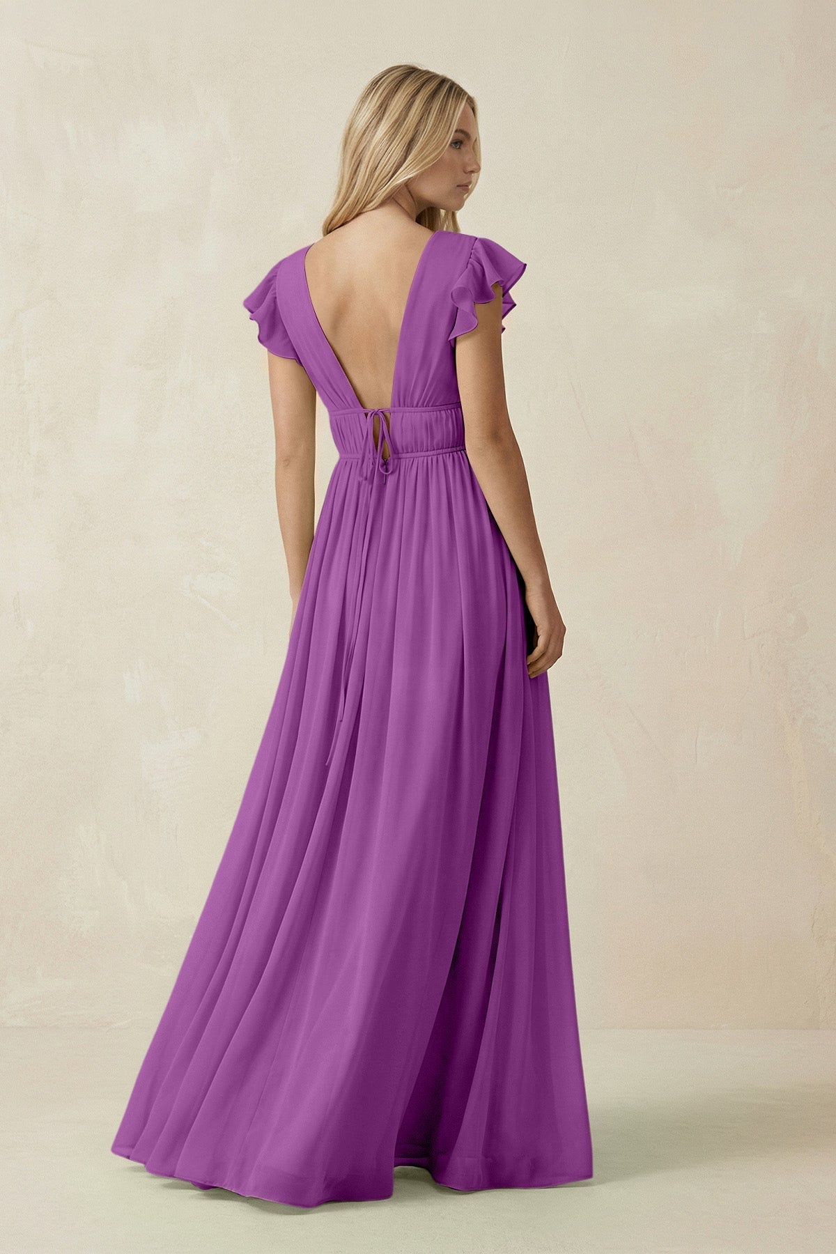 V - Neck A - Line Chiffon Cap Sleeves Bridesmaid Dress in Amethyst - SHE IS ME Bridesmaid Dresses