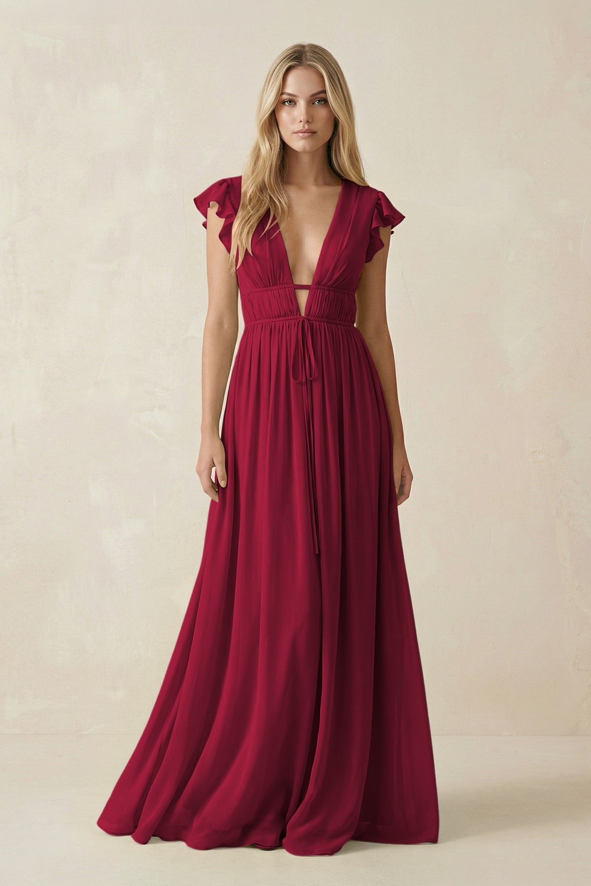 V - Neck A - Line Chiffon Cap Sleeves Bridesmaid Dress in Berry - SHE IS ME Bridesmaid Dresses