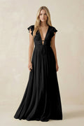 V - Neck A - Line Chiffon Cap Sleeves Bridesmaid Dress in Black - SHE IS ME Bridesmaid Dresses