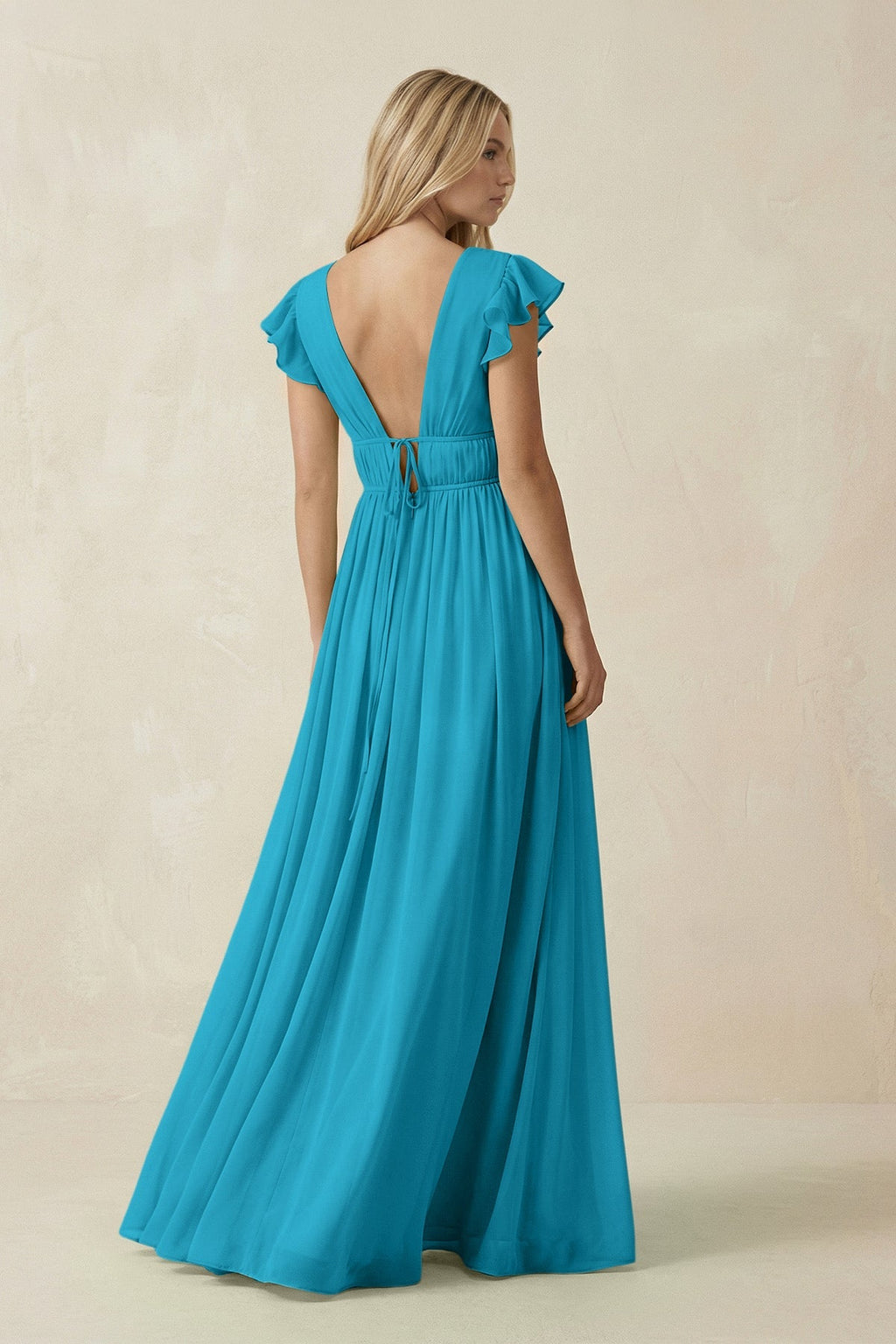 V - Neck A - Line Chiffon Cap Sleeves Bridesmaid Dress in Blue Jay - SHE IS ME Bridesmaid Dresses