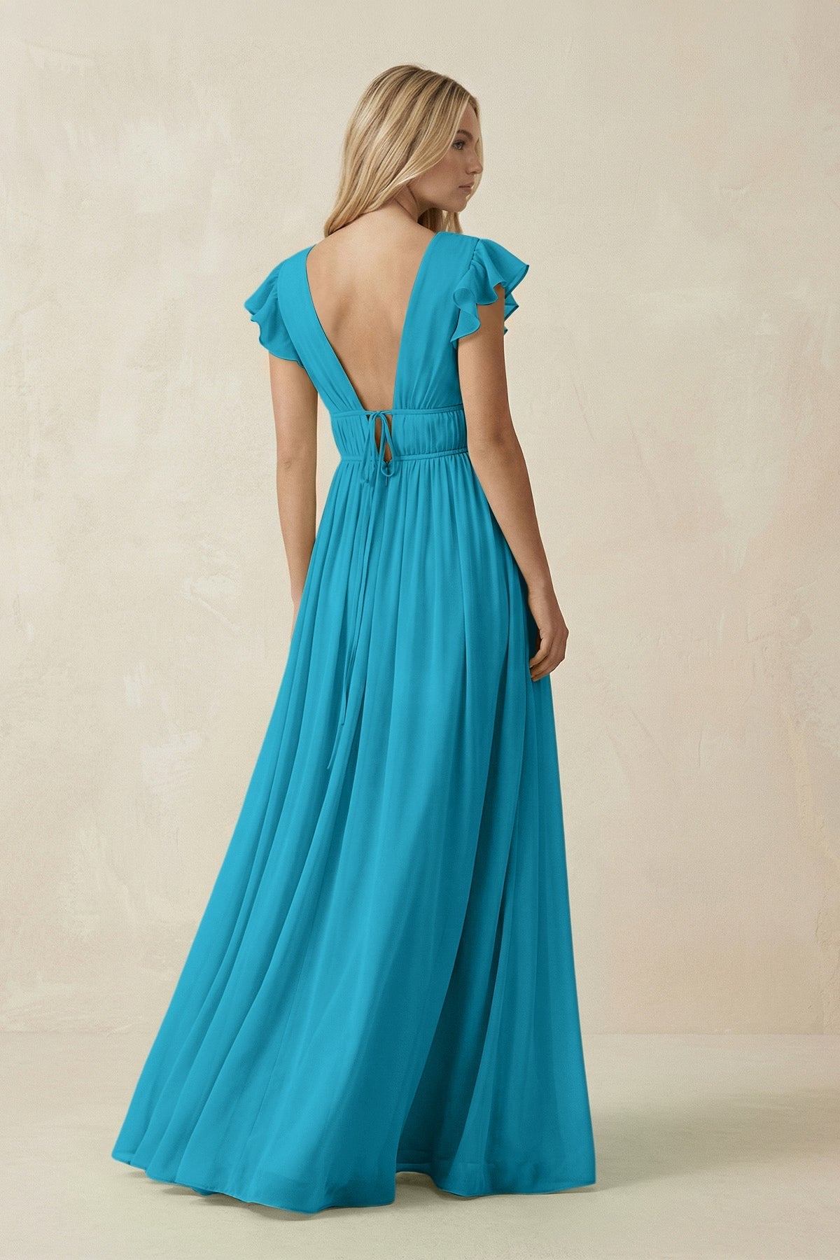 V - Neck A - Line Chiffon Cap Sleeves Bridesmaid Dress in Blue Jay - SHE IS ME Bridesmaid Dresses