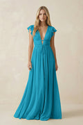 V - Neck A - Line Chiffon Cap Sleeves Bridesmaid Dress in Blue Jay - SHE IS ME Bridesmaid Dresses