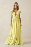 V - Neck A - Line Chiffon Cap Sleeves Bridesmaid Dress in Buttercup - SHE IS ME Bridesmaid Dresses
