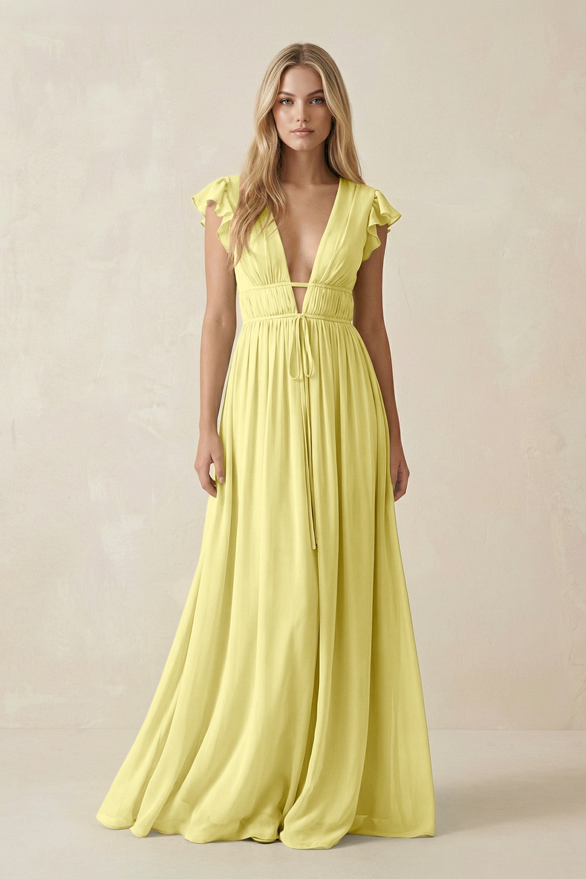 V - Neck A - Line Chiffon Cap Sleeves Bridesmaid Dress in Buttercup - SHE IS ME Bridesmaid Dresses