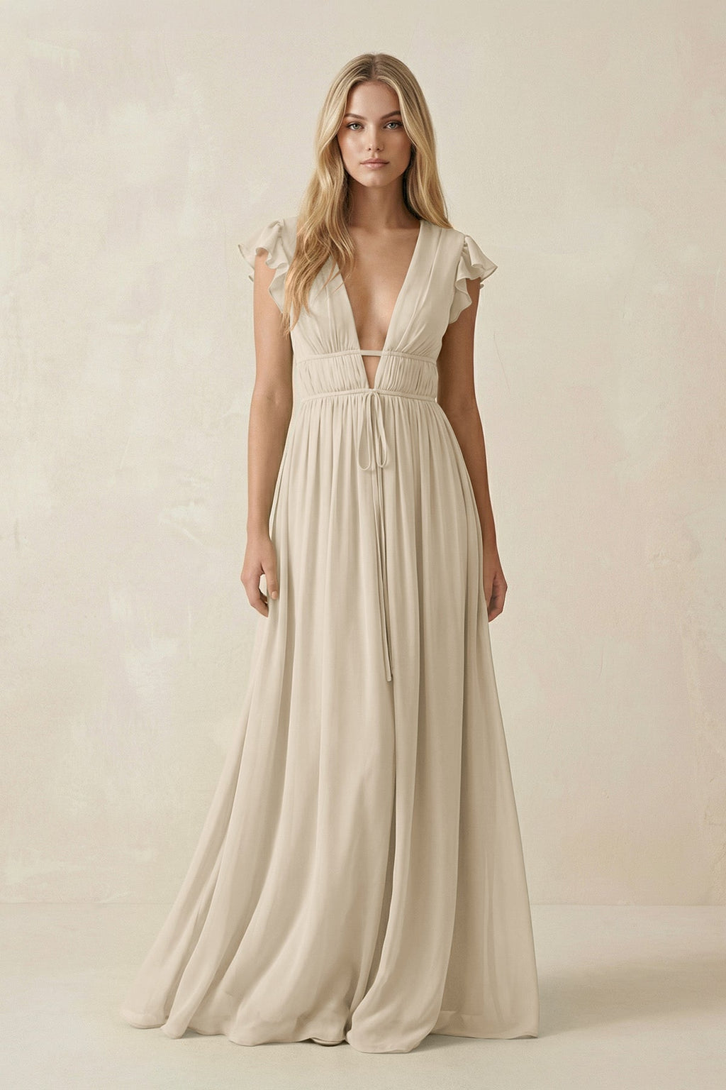 V - Neck A - Line Chiffon Cap Sleeves Bridesmaid Dress in Champagne - SHE IS ME Bridesmaid Dresses