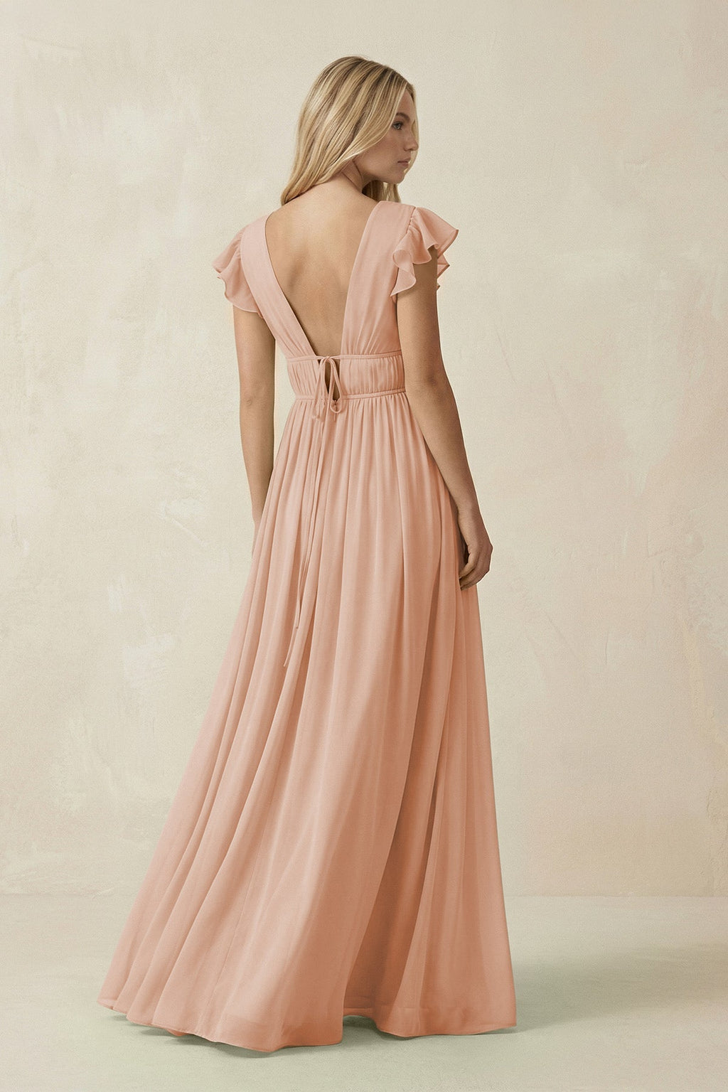V - Neck A - Line Chiffon Cap Sleeves Bridesmaid Dress in Champagne Rose - SHE IS ME Bridesmaid Dresses