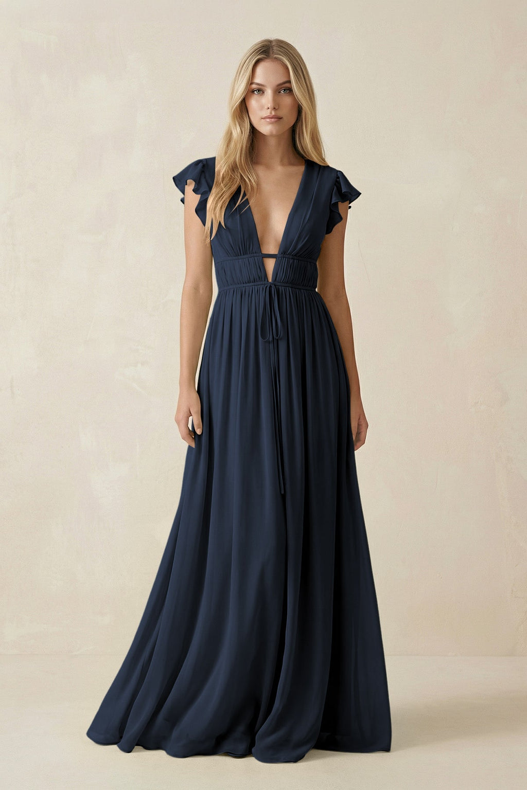 V - Neck A - Line Chiffon Cap Sleeves Bridesmaid Dress in Dark Navy - SHE IS ME Bridesmaid Dresses