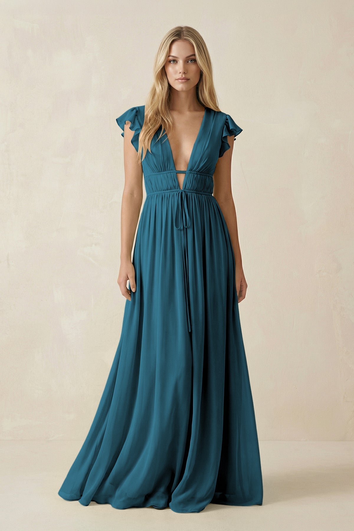 V - Neck A - Line Chiffon Cap Sleeves Bridesmaid Dress in Dark Teal - SHE IS ME Bridesmaid Dresses