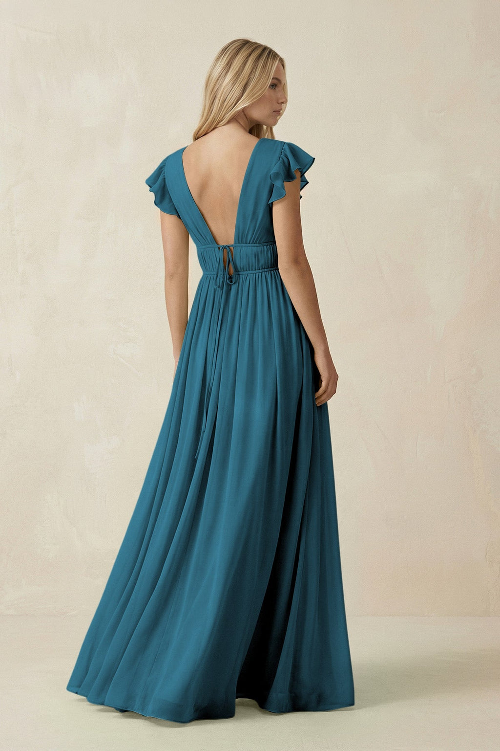 V - Neck A - Line Chiffon Cap Sleeves Bridesmaid Dress in Dark Teal - SHE IS ME Bridesmaid Dresses