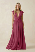 V - Neck A - Line Chiffon Cap Sleeves Bridesmaid Dress in Desert Rose - SHE IS ME Bridesmaid Dresses