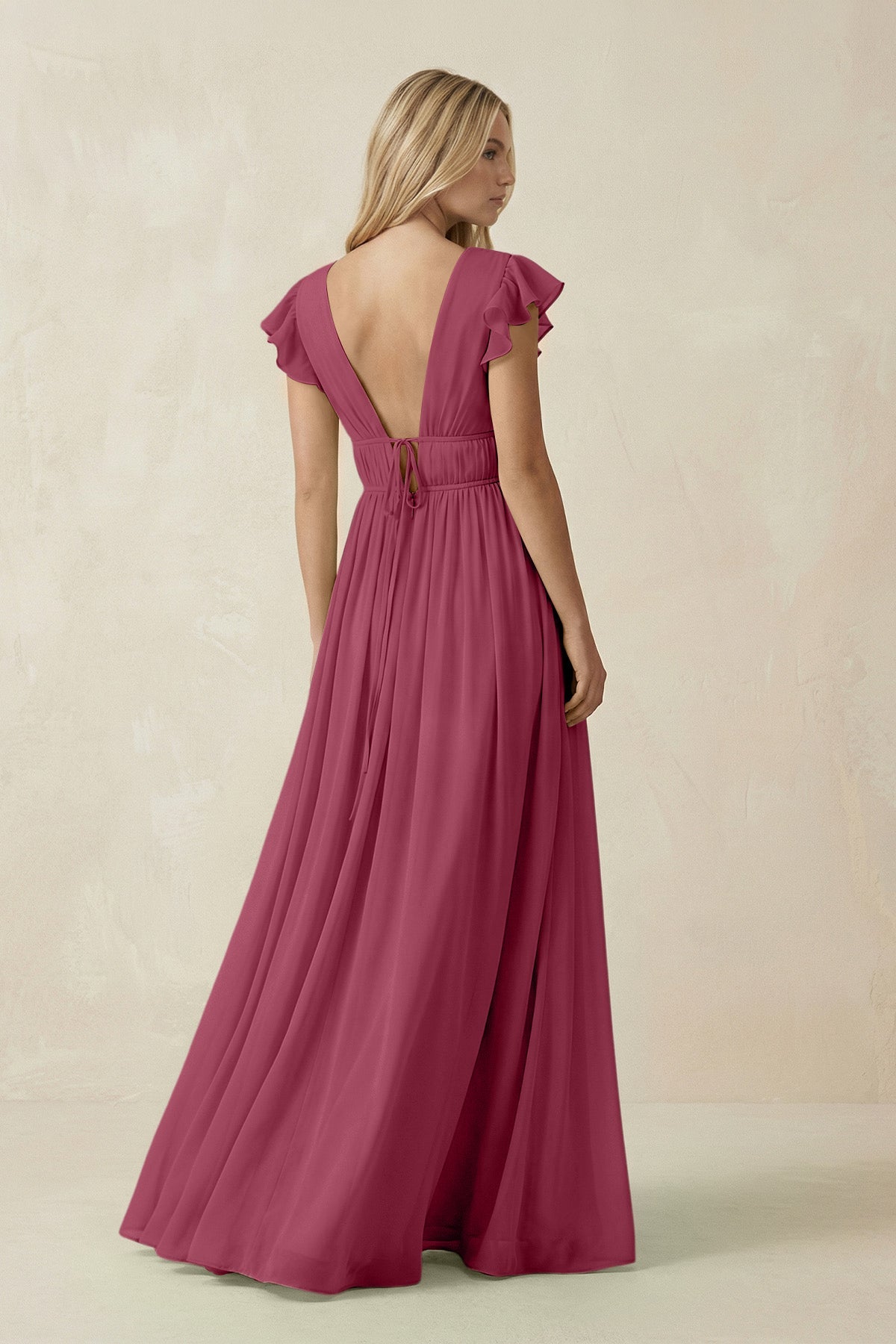 V - Neck A - Line Chiffon Cap Sleeves Bridesmaid Dress in Desert Rose - SHE IS ME Bridesmaid Dresses