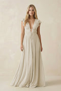 V - Neck A - Line Chiffon Cap Sleeves Bridesmaid Dress in Dove Gray - SHE IS ME Bridesmaid Dresses