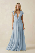 V - Neck A - Line Chiffon Cap Sleeves Bridesmaid Dress in Dusty Blue - SHE IS ME Bridesmaid Dresses