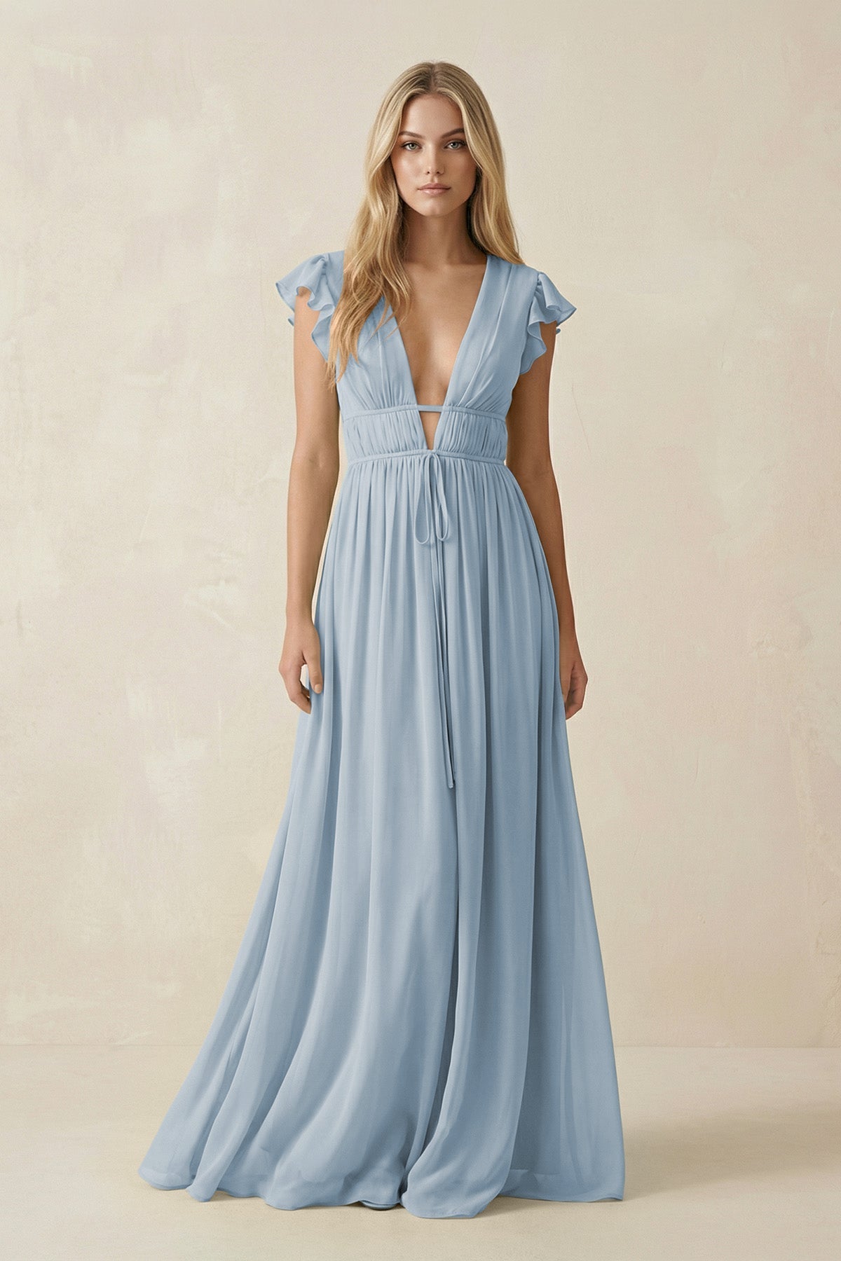 V - Neck A - Line Chiffon Cap Sleeves Bridesmaid Dress in Dusty Blue - SHE IS ME Bridesmaid Dresses