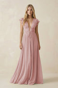 V - Neck A - Line Chiffon Cap Sleeves Bridesmaid Dress in Dusty Rose - SHE IS ME Bridesmaid Dresses