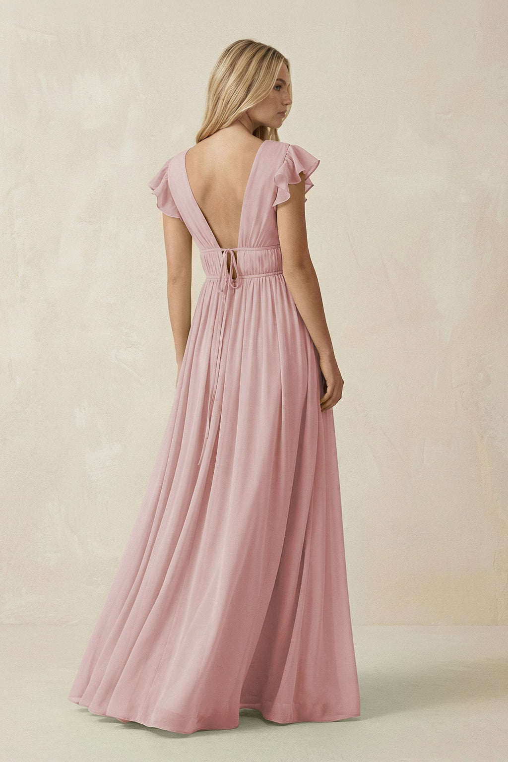 V - Neck A - Line Chiffon Cap Sleeves Bridesmaid Dress in Dusty Rose - SHE IS ME Bridesmaid Dresses