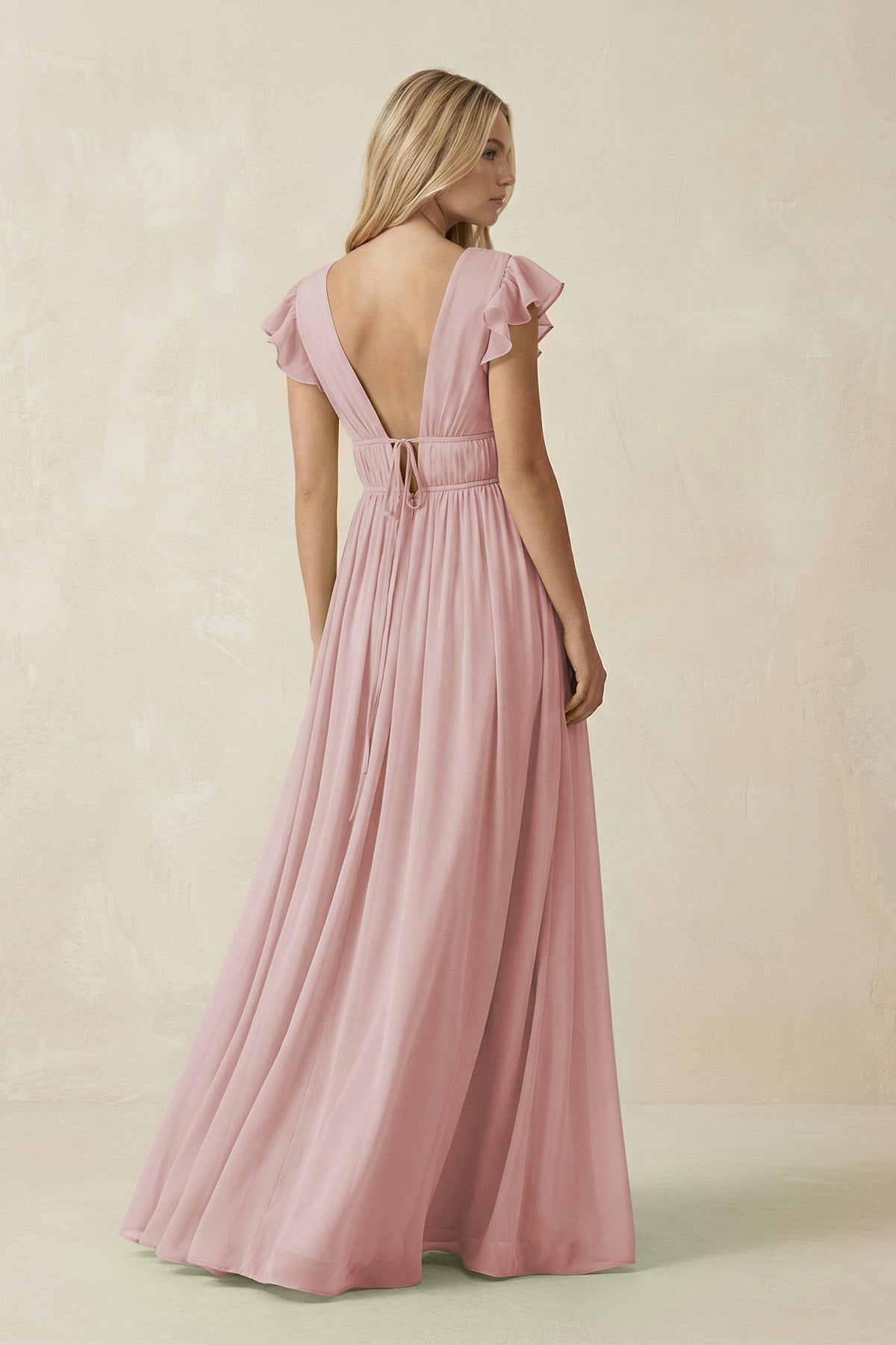 V - Neck A - Line Chiffon Cap Sleeves Bridesmaid Dress in Dusty Rose - SHE IS ME Bridesmaid Dresses