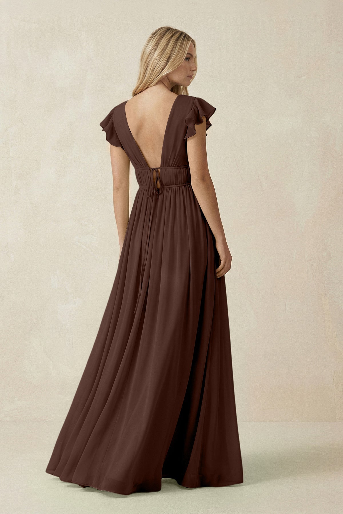 V - Neck A - Line Chiffon Cap Sleeves Bridesmaid Dress in Espresso - SHE IS ME Bridesmaid Dresses