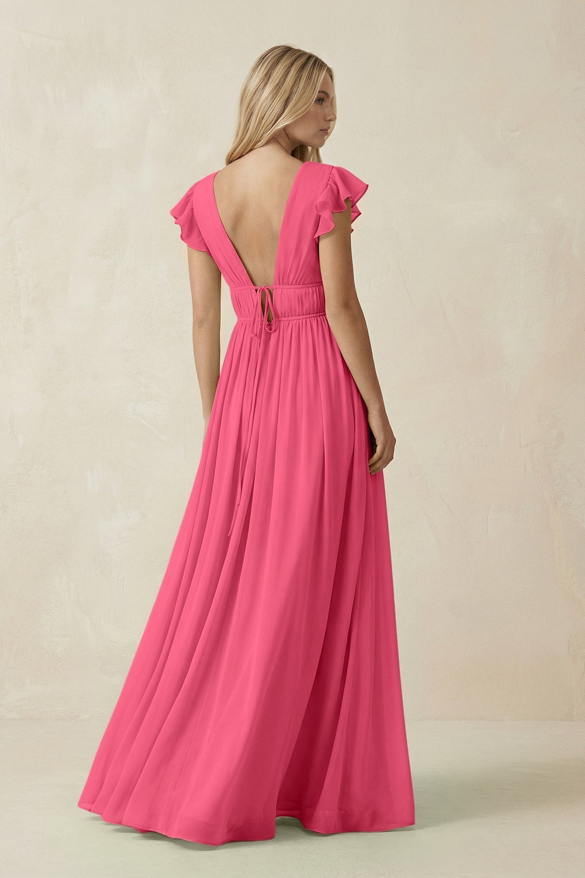 V - Neck A - Line Chiffon Cap Sleeves Bridesmaid Dress in Fuchsia - SHE IS ME Bridesmaid Dresses