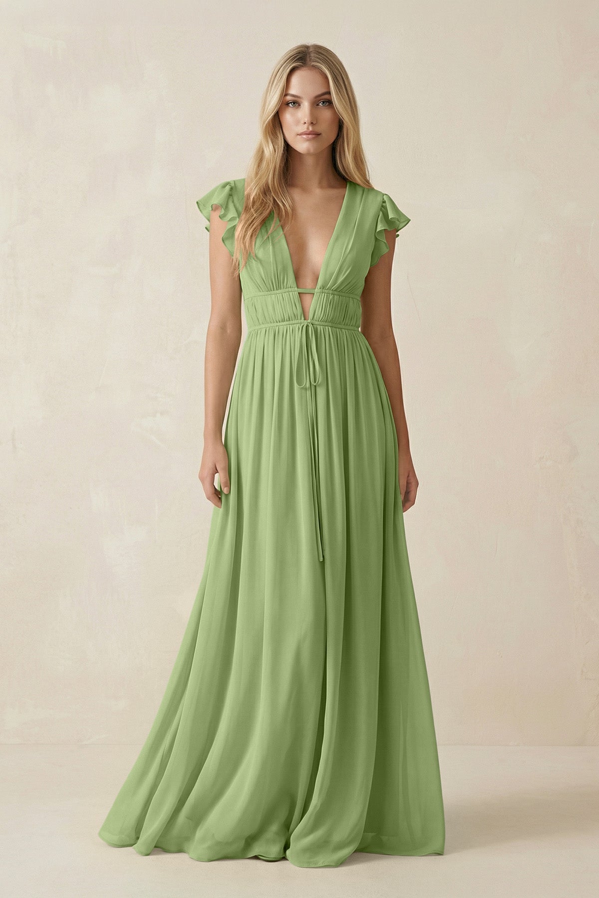 V - Neck A - Line Chiffon Cap Sleeves Bridesmaid Dress in Matcha - SHE IS ME Bridesmaid Dresses