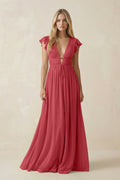V - Neck A - Line Chiffon Cap Sleeves Bridesmaid Dress in Merlot - SHE IS ME Bridesmaid Dresses