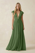 V - Neck A - Line Chiffon Cap Sleeves Bridesmaid Dress in Moss - SHE IS ME Bridesmaid Dresses