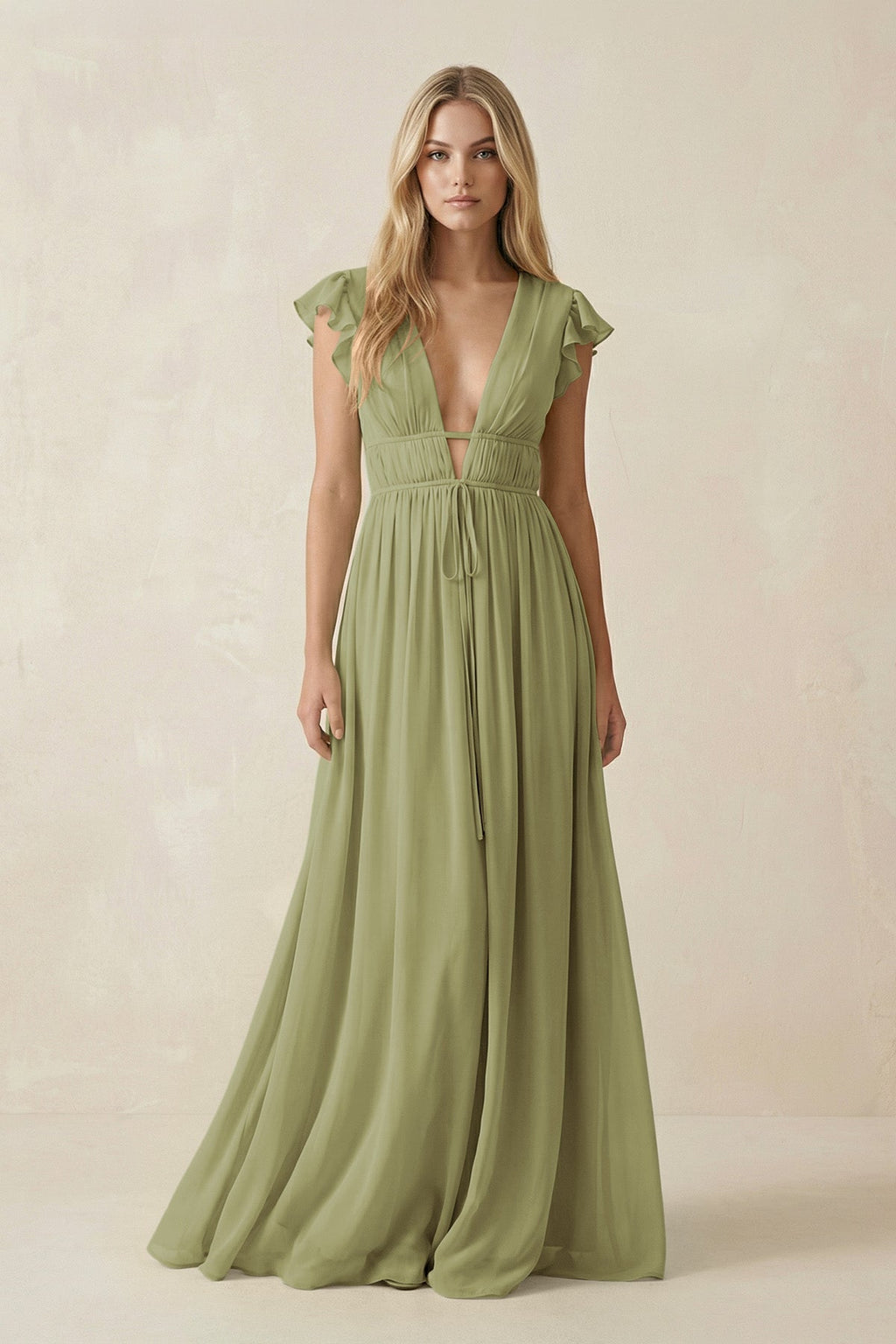 V - Neck A - Line Chiffon Cap Sleeves Bridesmaid Dress in Moss Green - SHE IS ME Bridesmaid Dresses