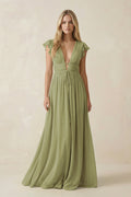 V - Neck A - Line Chiffon Cap Sleeves Bridesmaid Dress in Moss Green - SHE IS ME Bridesmaid Dresses