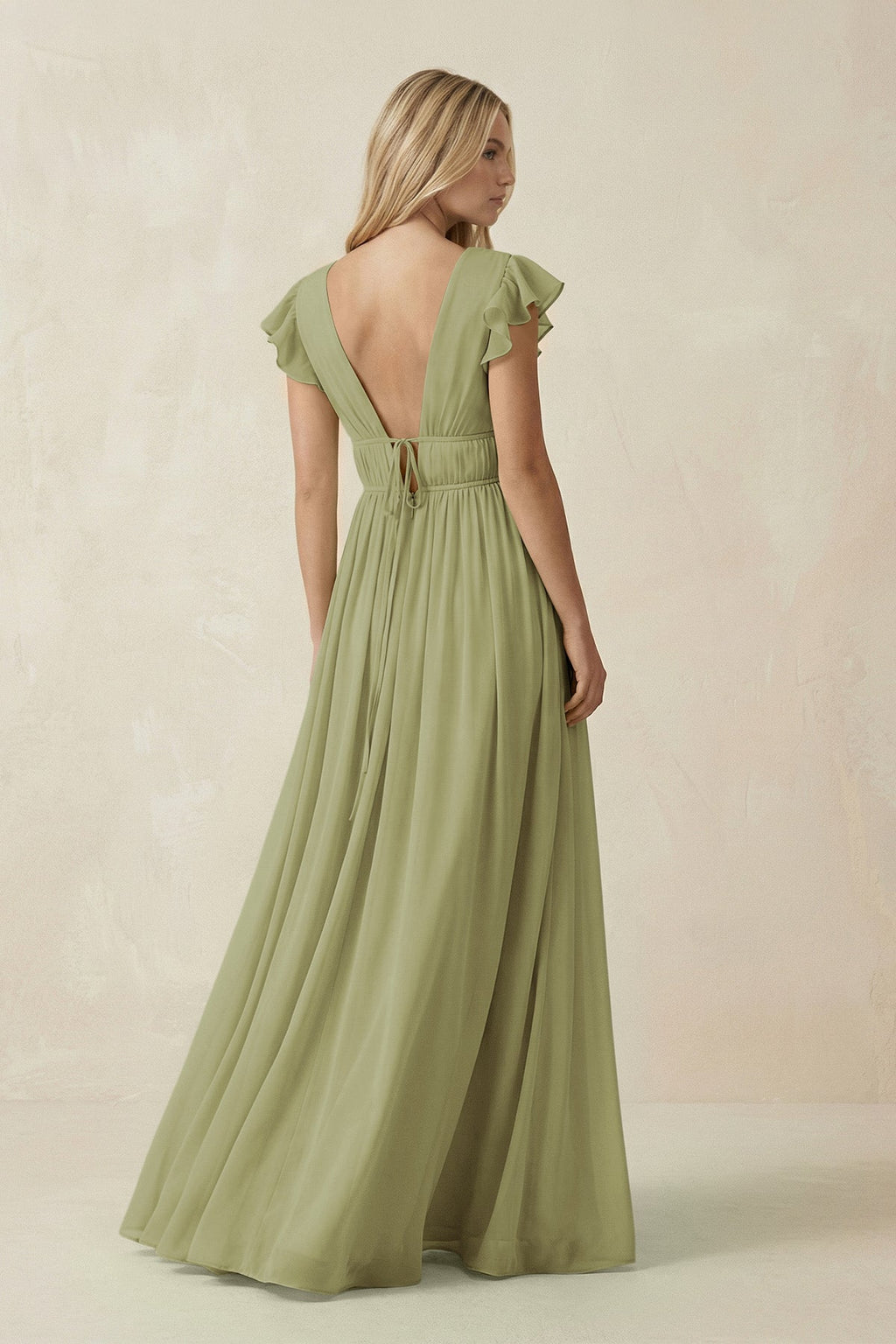 V - Neck A - Line Chiffon Cap Sleeves Bridesmaid Dress in Moss Green - SHE IS ME Bridesmaid Dresses