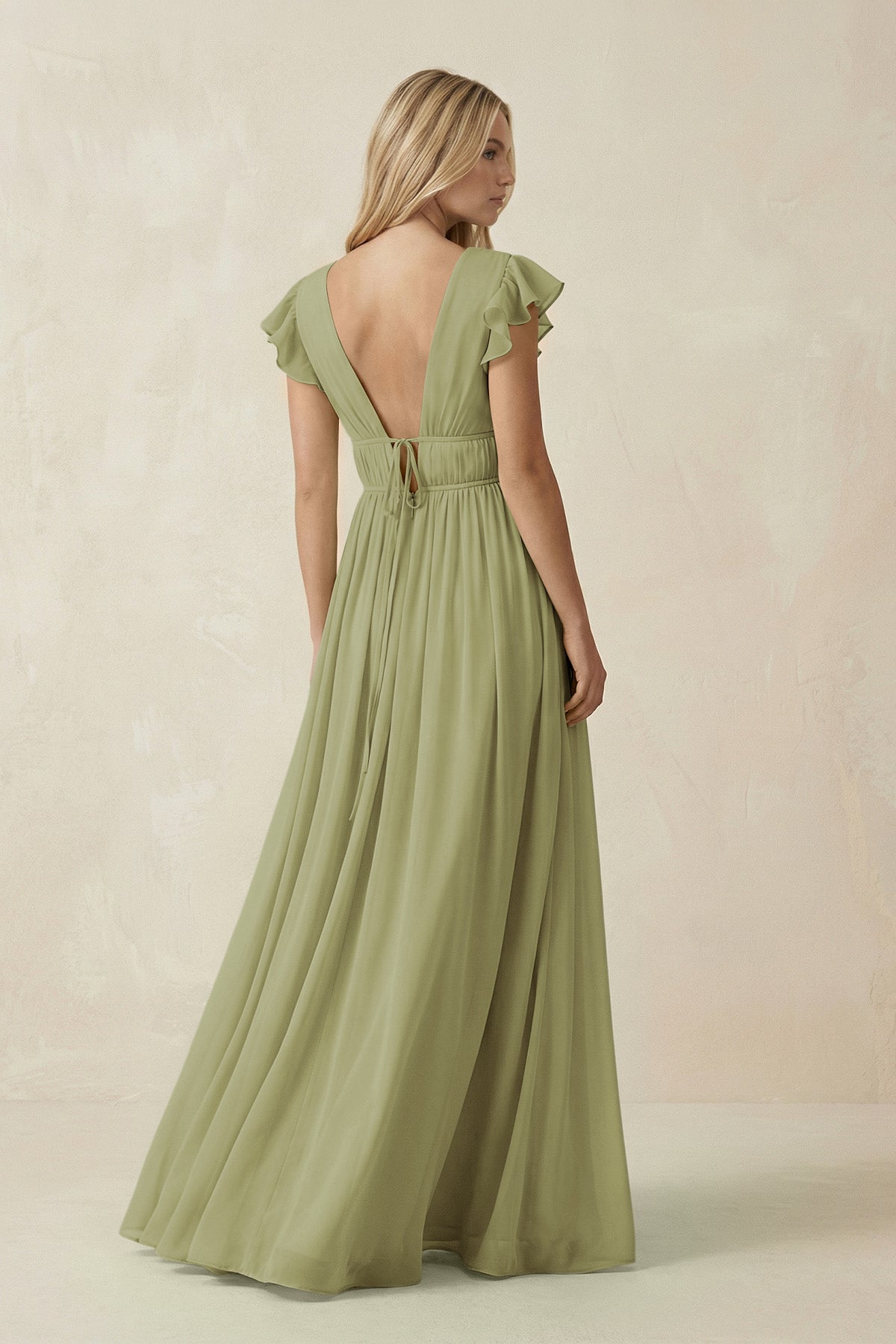 V - Neck A - Line Chiffon Cap Sleeves Bridesmaid Dress in Moss Green - SHE IS ME Bridesmaid Dresses