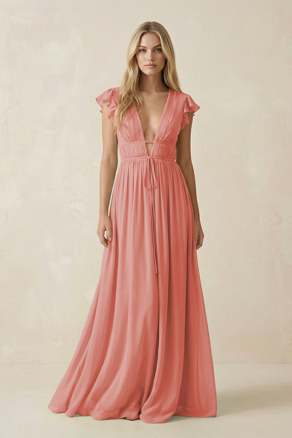 V - Neck A - Line Chiffon Cap Sleeves Bridesmaid Dress in Mulberry - SHE IS ME Bridesmaid Dresses