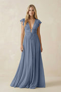 V - Neck A - Line Chiffon Cap Sleeves Bridesmaid Dress in Neptune - SHE IS ME Bridesmaid Dresses