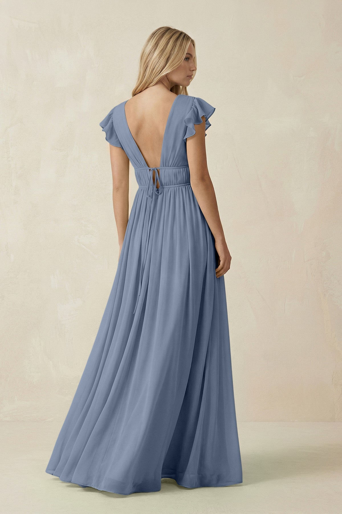 V - Neck A - Line Chiffon Cap Sleeves Bridesmaid Dress in Neptune - SHE IS ME Bridesmaid Dresses