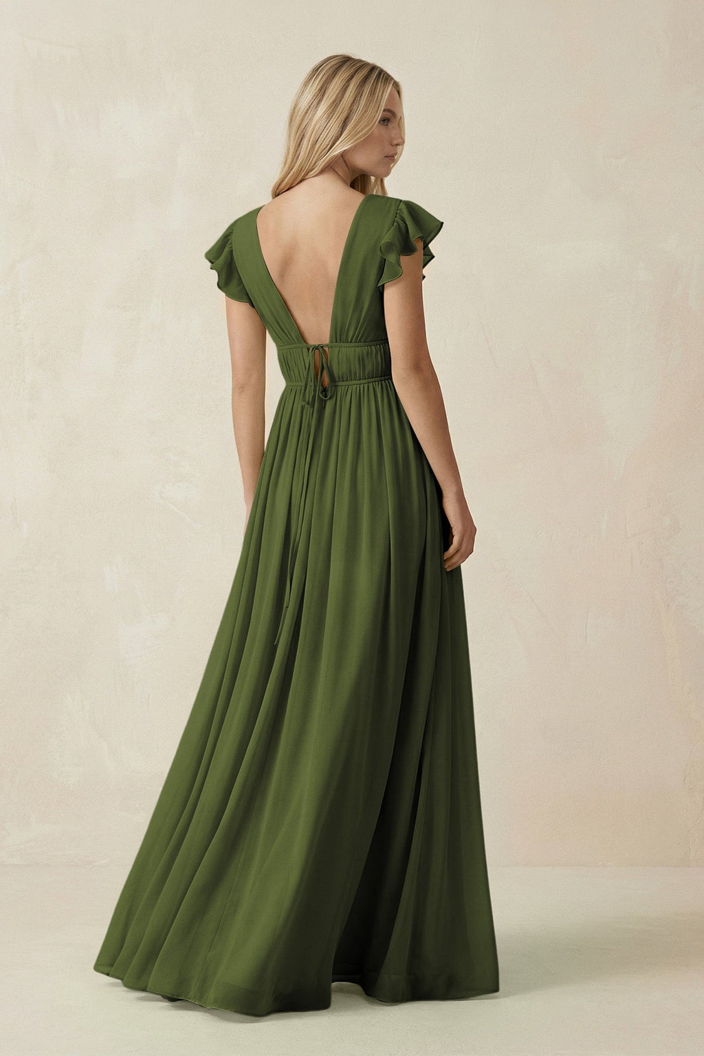 V - Neck A - Line Chiffon Cap Sleeves Bridesmaid Dress in Olive - SHE IS ME Bridesmaid Dresses