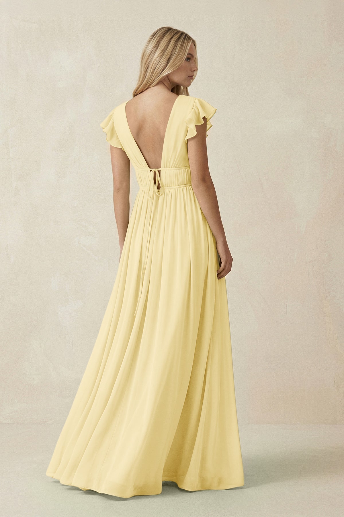 V - Neck A - Line Chiffon Cap Sleeves Bridesmaid Dress in Pastel Yellow - SHE IS ME Bridesmaid Dresses