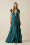 V - Neck A - Line Chiffon Cap Sleeves Bridesmaid Dress in Pine - SHE IS ME Bridesmaid Dresses