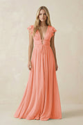 V - Neck A - Line Chiffon Cap Sleeves Bridesmaid Dress in Rosette - SHE IS ME Bridesmaid Dresses