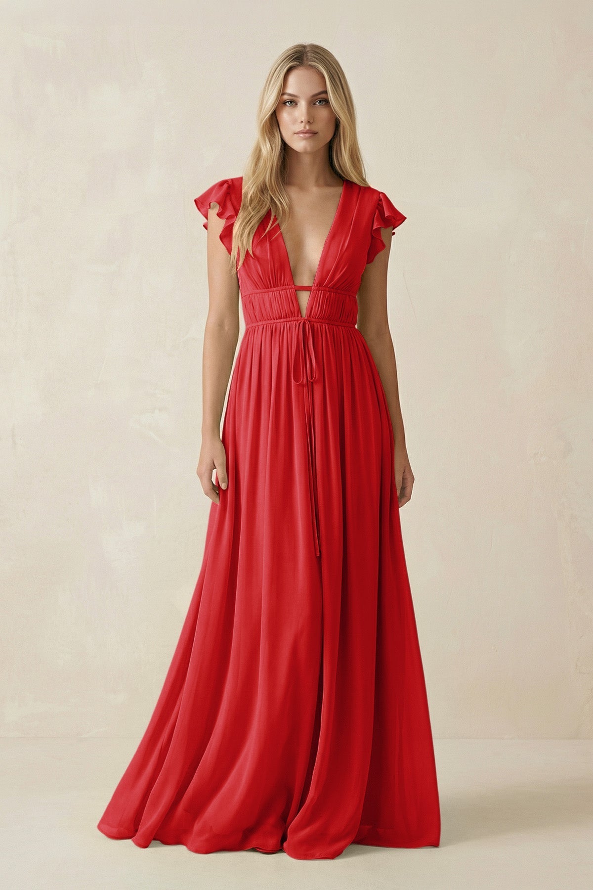 V - Neck A - Line Chiffon Cap Sleeves Bridesmaid Dress in Ruby Red - SHE IS ME Bridesmaid Dresses