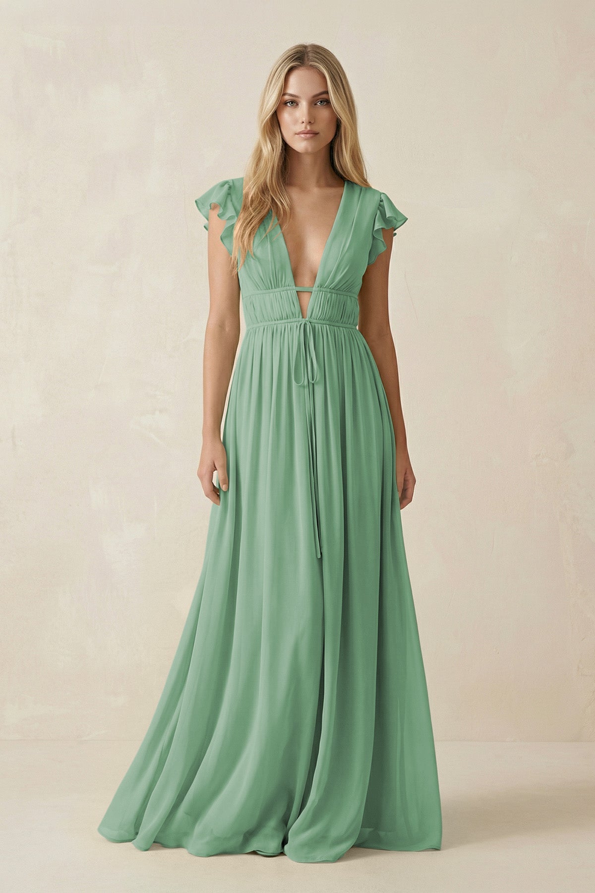 V - Neck A - Line Chiffon Cap Sleeves Bridesmaid Dress in Sea Glass - SHE IS ME Bridesmaid Dresses